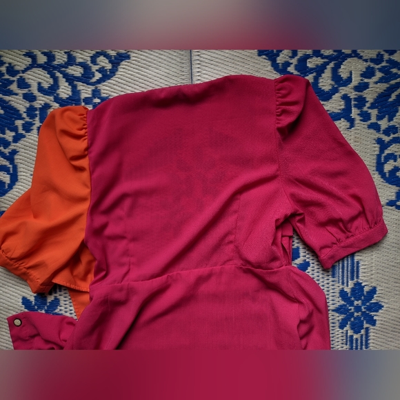 Hot Pink and Orange Colorblock Tie Front Dress with Flowy Button Up Skirt - Picture 8 of 9